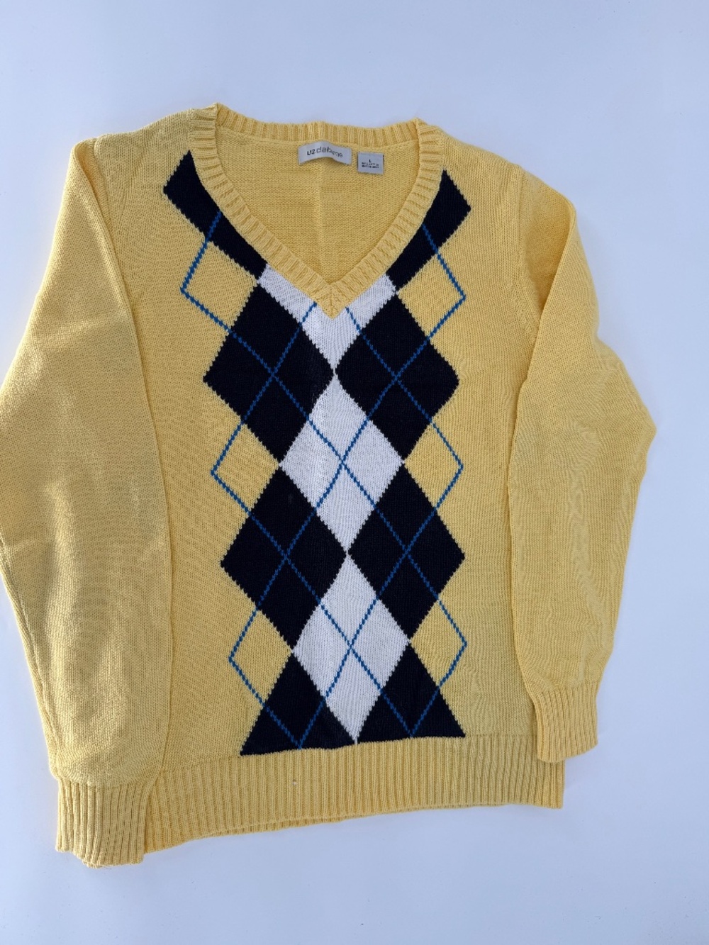 Liz Claiborne Argyle Sweater L Yellow Navy Cotton V Neck Preppy Y2K